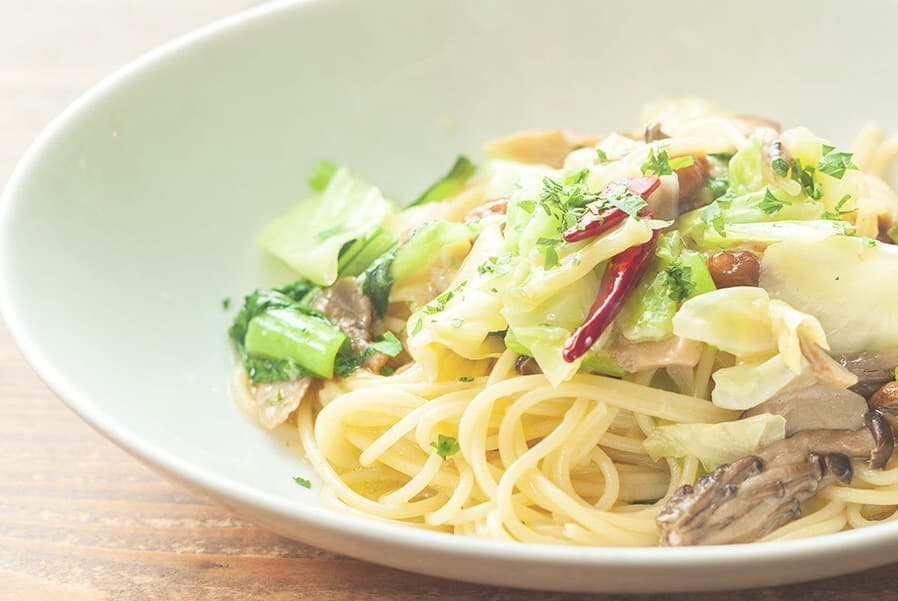 きのこと緑野菜のペペロンチーノ